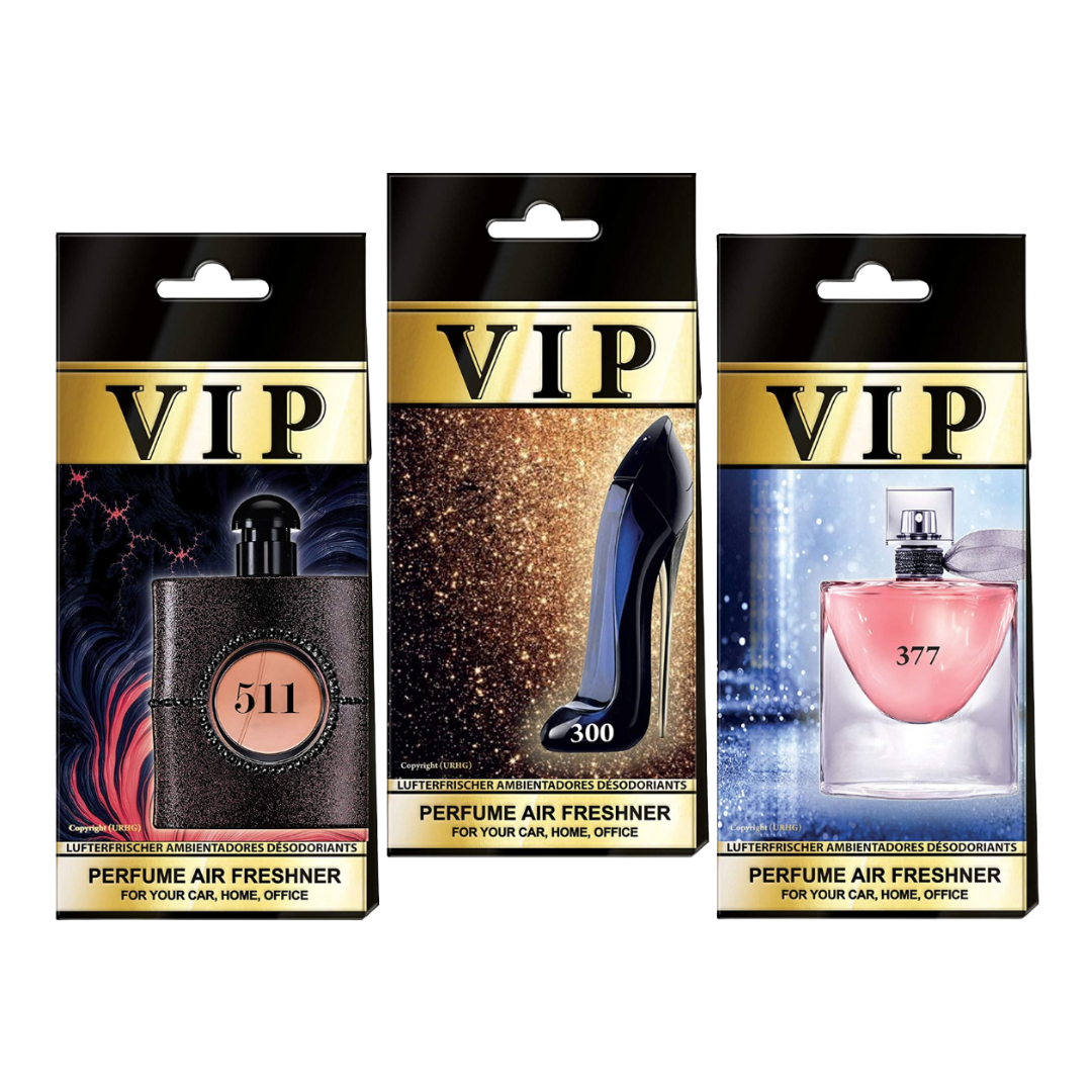 VIP luksuzni viseći mirisi ženski set je set od 3 viseća mirisa koji sadrži mirise inspirirane sa: YSL Black Opium, Carolina Herrera Good Girl i Lancome La Vie est Belle.