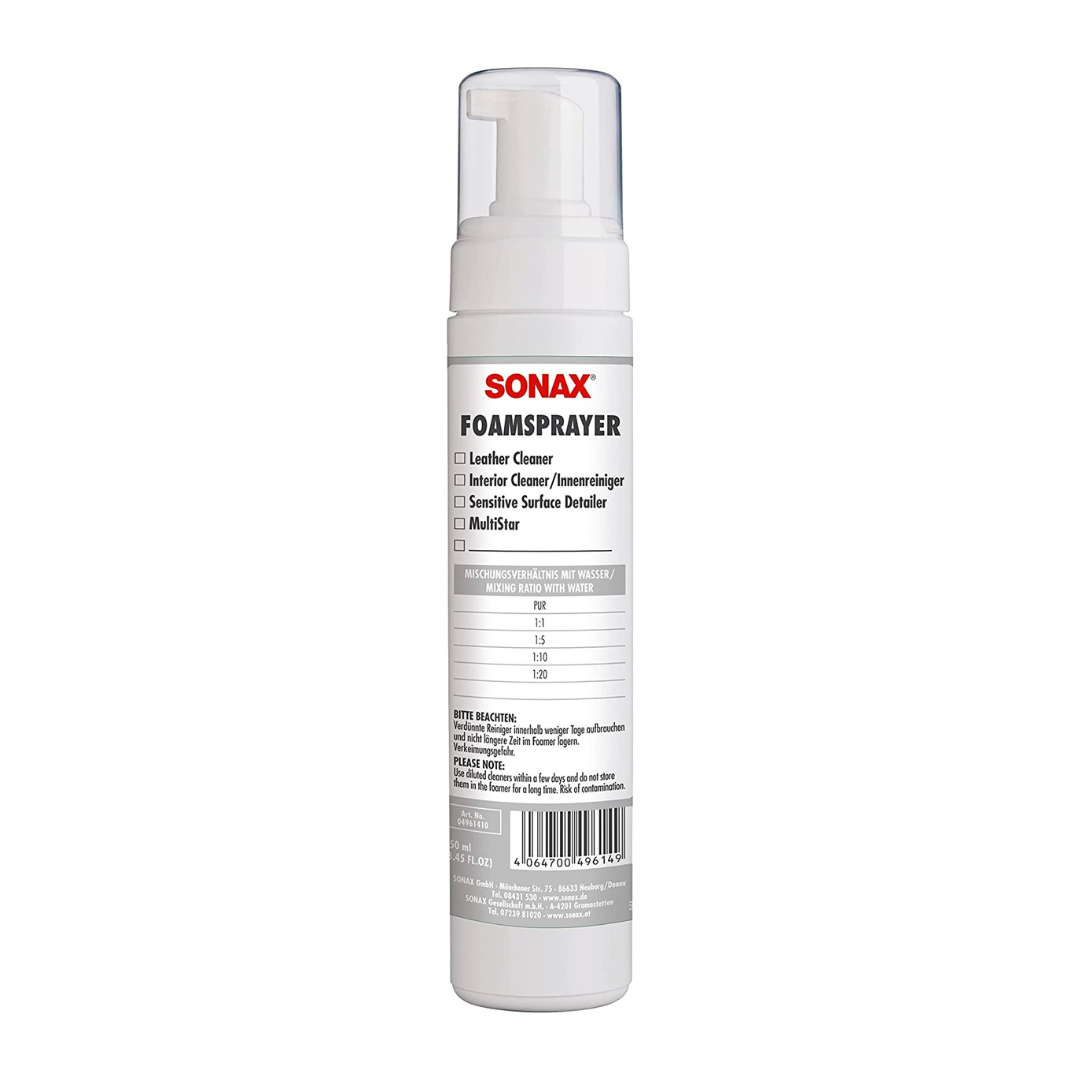 Sonax FoamSprayer 250ml dozator za pjenu pretvara tekućinu za čišćenje u pjenu te na taj način olakšava čišćenje tkanina i kožnih presvlaka. Stvara voluminoznu, dugotrajnu pjenu koja ne namače upijajuću površinu.