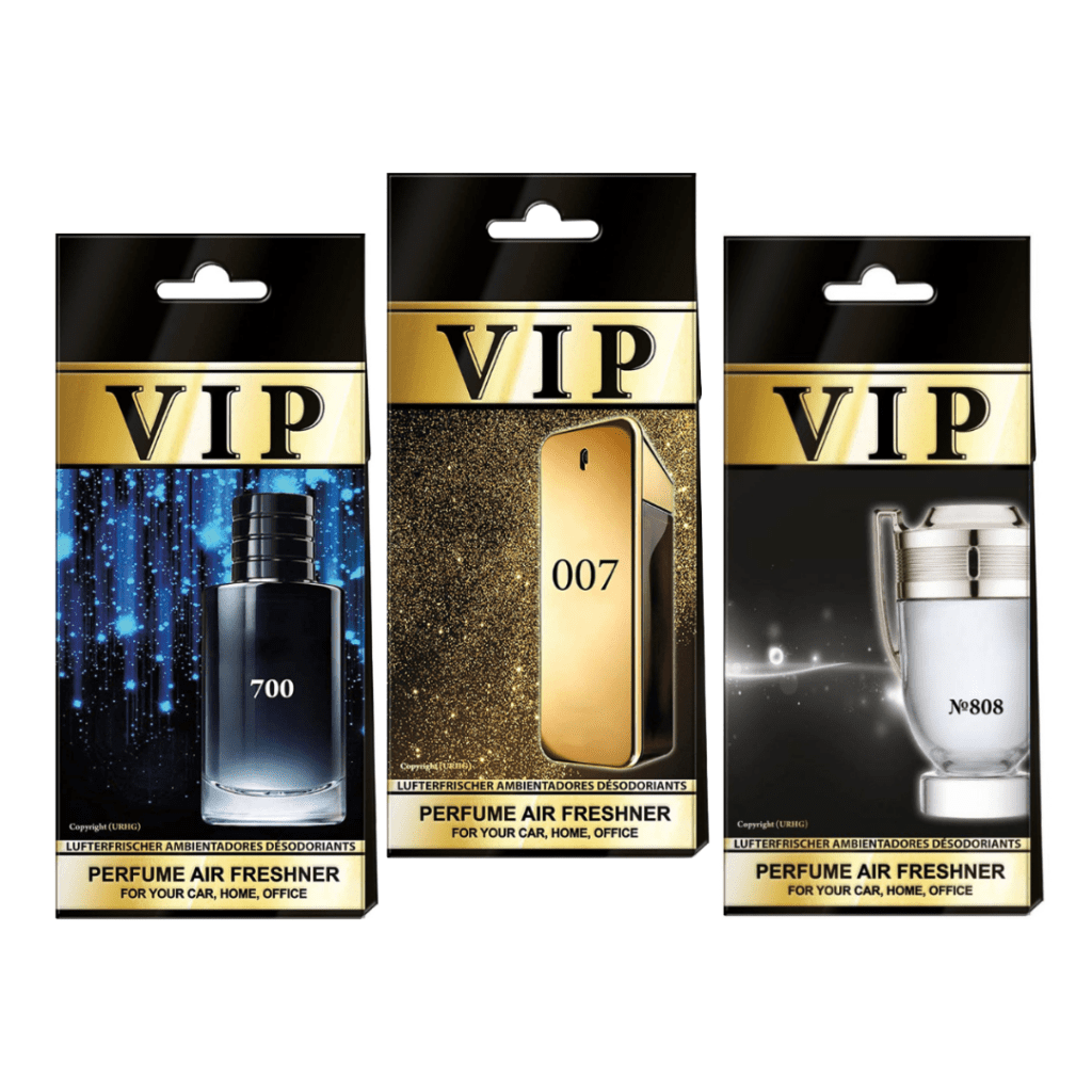 VIP luksuzni viseći mirisi muški set od 3 mirisa je set od 3 viseća mirisa koji sadrži mirise inspirirane sa: Paco Rabanne 1 Million, Dior Sauvage i Paco Rabanne Invictus.