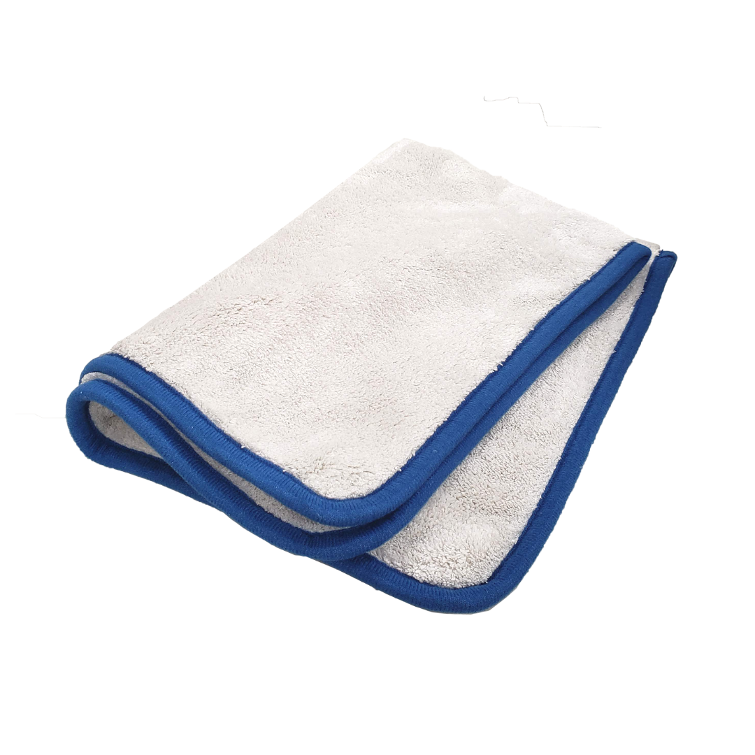 Ewocar Drying Towel 40x60cm ručnik za sušenje je bijela krpa od mikrofibre s plavim opšivenim rubovima i služi za sušenje auta.