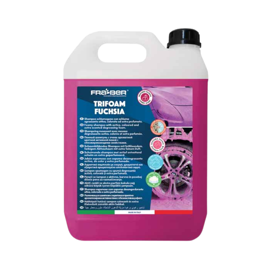 FraBer TriFoam 4.54L aktivna pjena je tekućina u bijelom kanistru od plastike koja služi za pranje vozila.