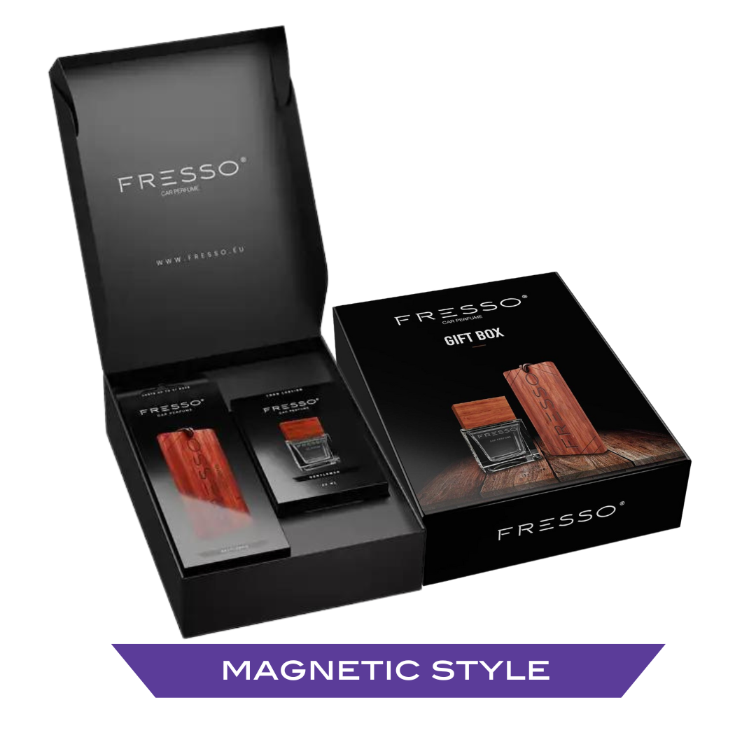 Fresso Magnetic Style poklon set u kutiji sadrži viseći drveni miris i parfem za interijer dobropoznatog i voljenog mirisa Magnetic Style.