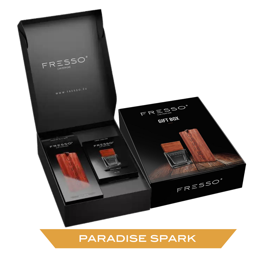 Fresso Paradise Spark poklon set u kutiji sadrži viseći drveni miris i parfem za interijer dobropoznatog i voljenog mirisa Paradise Spark.