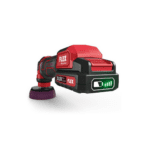 Flex PXE 80 10.8-EC/2.5 baterijska mašina za poliranje je set u plastičnoj crnoj kutiji s crvenim akcentima u kojoj se nalazi polirka crne i crvene boje s Flex logom, baterija, punjač i ostali potrebni dodaci.