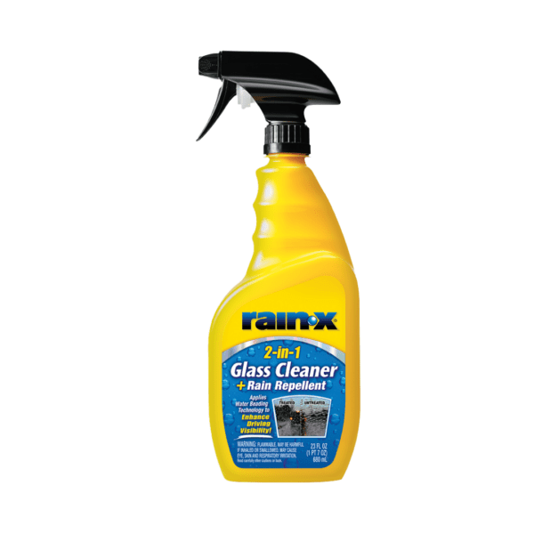 Rain X 2-in-1 sprej za čišćenje i zaštitu stakla je tekućina u žutoj sprej boci koja služi za održavanje stakla na vozilima.