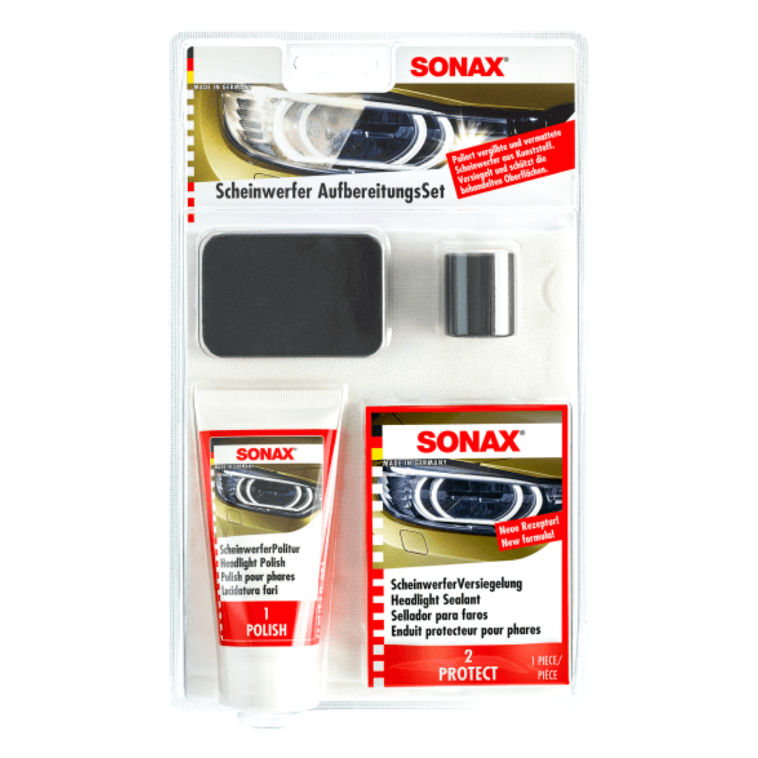 Sonax set za ručno poliranje farova je komplet za ručno poliranje požutjelih i zamućenih plastičnih farova. Osim ljepšeg izgleda farova i povećanja vrijednosti cijelog vozila, jači svjetlosni snop jamči veću sigurnost vožnje.