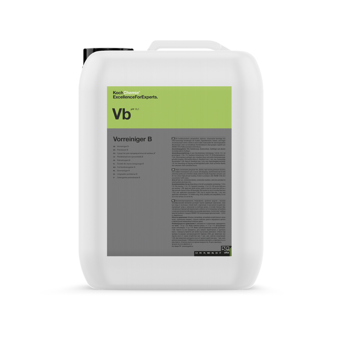 Koch Chemie Vorreiniger B 5kg sredstvo za predpranje je visokokoncentrirano i iznimno alkalno sredstvo bez fosfata za pranje osobnih i gospodarskih vozila.