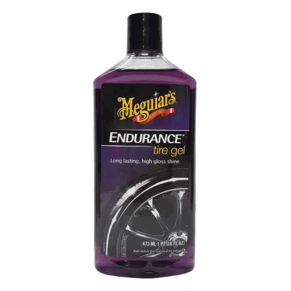 Meguiar's Endurance Tire Gel premaz za gume je tekućina ljubičaste boje koja dolazi u prozirnoj plastičnoj boci i služi kao zaštitni premaz za gume i daje im sjaj.