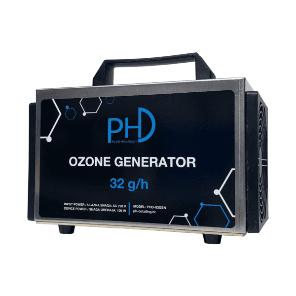 PHD Ozone Generator generator ozona je električni uređaj koji kisik kemijskim procesom pretvara u ozon. Ima metalno kučište i PH logotip.