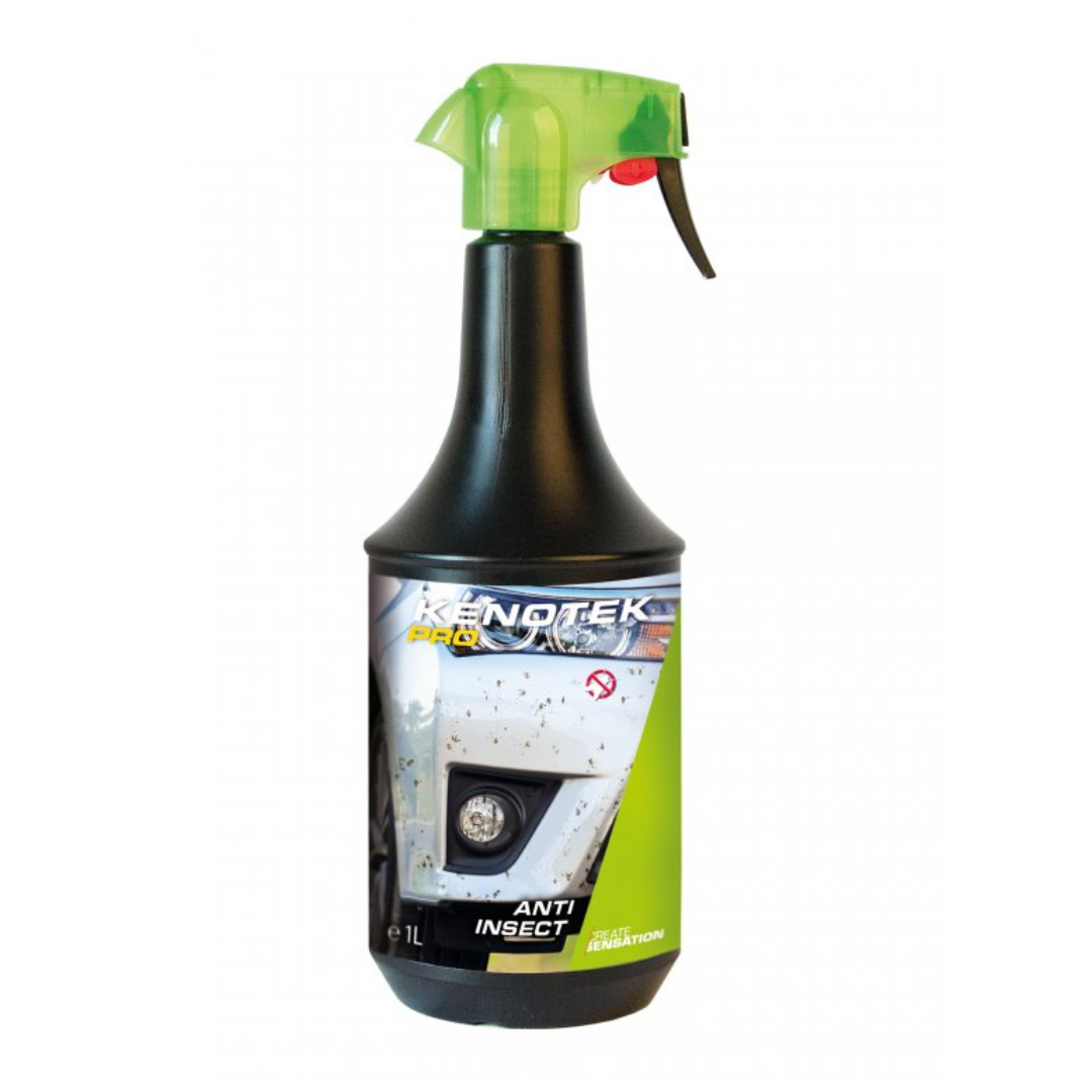 Kenotek Anti Insect 1L sredstvo za uklanjanje kukaca je tekućina u crnoj plastičnoj boci sa zelenim plastičnim sprej nastavkom i služi za uklanjanje organskih mrlja i kukaca s ekksterijera vozila.