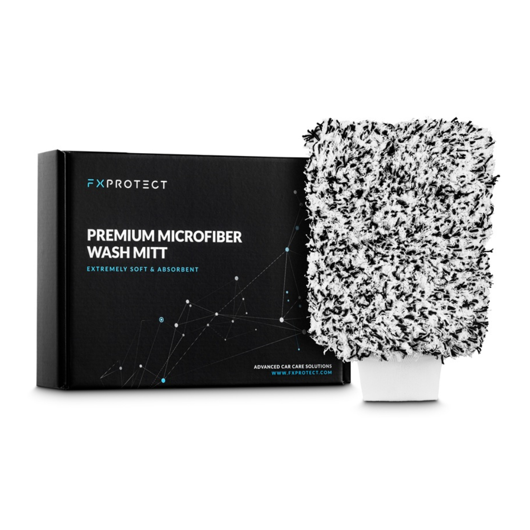 FX Protect Premium Wash Mitt rukavica za pranje izrađena je od mikrofibre bijele i crne boje te u sebi ima elastiku kako bi se čvrsto držala na ruci.