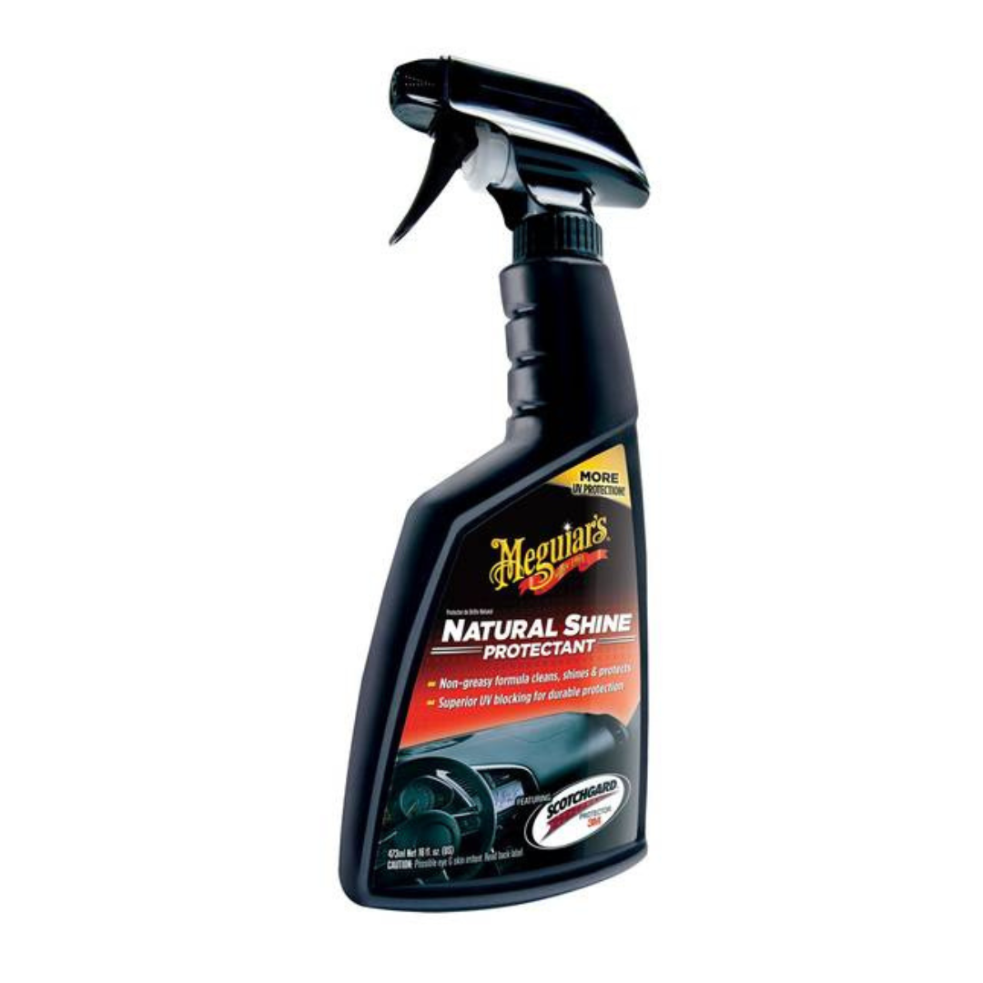 Meguiar's Natural Shine Protectant vosak u spreju je tekućina koja dolazi u crnoj boci štrcaljci i služi za čišćenje i zaštitu plastike interijera vozila.