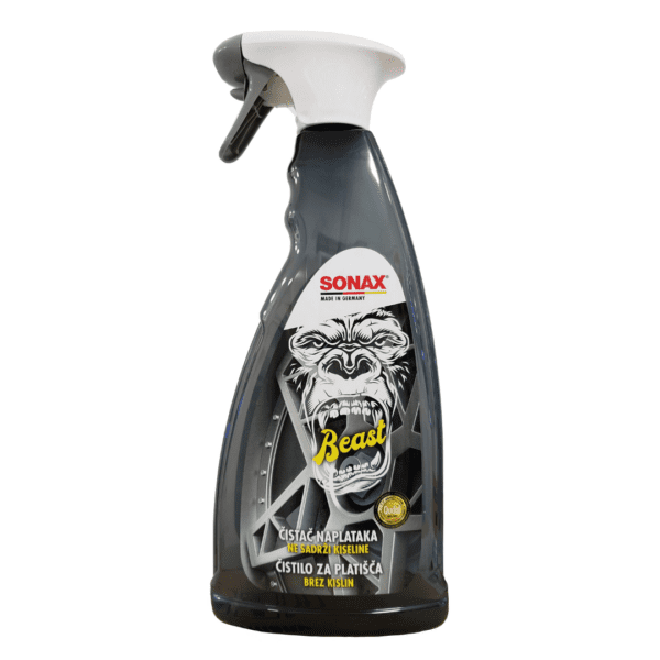 Sonax Beast sredstvo za čišćenje naplataka je tekućina u crnoj sprej boci.