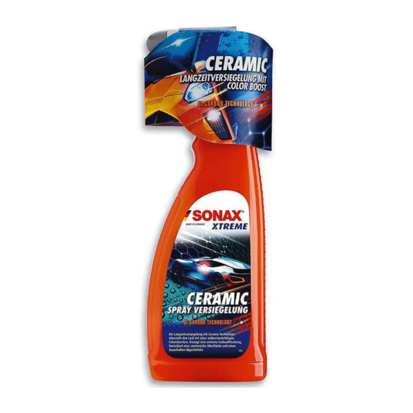 Sonax Ceramic Spray Coating vosak u spreju je tekućina u narančastoj boci sa sprej nastavkom koja služi za zaštitu vozila.