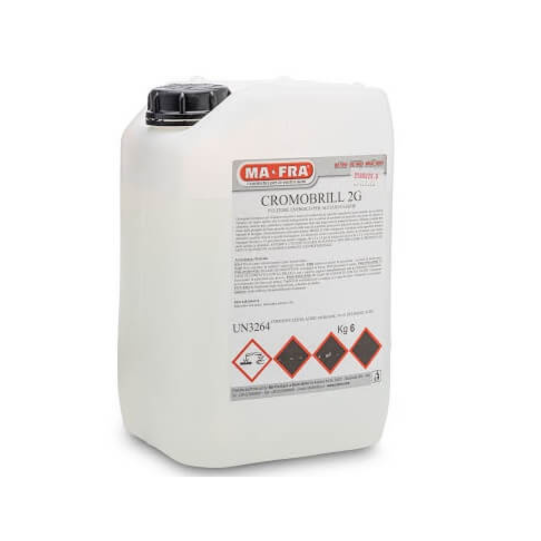 Mafra Cromobrill 2G sredstvo za uklanjanje metalnih kontaminacija je tekućina u bijelom plastičnom kanistru i služi za dekonatminaciju metalnih čestica s površine vozila.