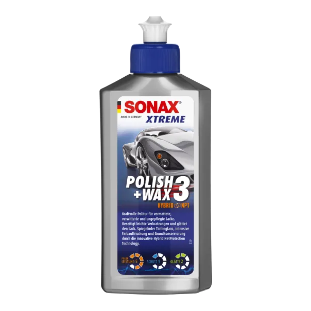Sonax Polish + Wax 3 Hybrid NPT 250ml pasta za poliranje je snažna pasta za poliranje za apšisane, istrošene i zapuštene boje. Izuzetno fini prah aluminijevog oksida uklanja sitne ogrebotine, uklanja matirane slojeve boje i zaglađuje lak.