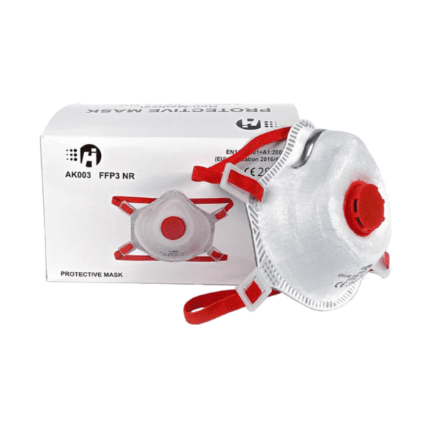 FFP3 zaštitna maska s ventilom je maska bijele boje s crvenim vezicama koje idu oko cijele glave i s crvenim ventilom od plastike.