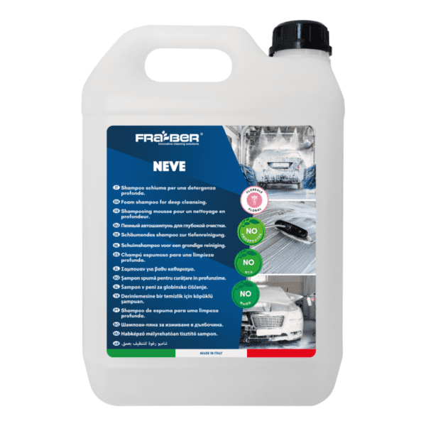 FraBer Neve 4.54L aktivna pjena za dubinsko čišćenje je tekućina koja dolazi u bijelom plastičnom kanistru s plavom etiketom i služi za pranje vozila.