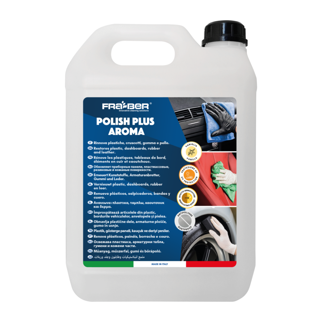 FraBer Polish Plus Aroma 4.54L premaz za interijer je tekućina u bijelom plastičnom kanistru koja služi za zaštitu plastike i kože u interijeru vozila.