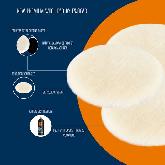 Ewocar PremiumWool Pad 75-180 mm vuna za poliranje je nova vuna iz Ewocar ponude koja donosi vrlo brzu korekciju većih defekata na laku poput ogrebotina, oksidacije i kamenca. Gusta i duža vlakna osiguravaju maksimalnu moć rezanja te predstavljaju najgrublju kombinaciju poliranja.