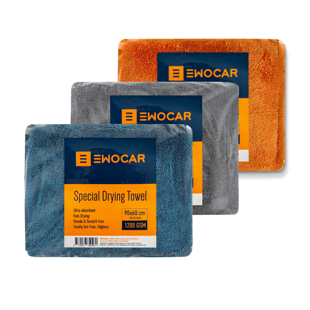 Ewocar Special Drying Towel 60x90cm 1200GSM ručnik za sušenje je posebno dizajniran ručnik za sušenje vozila, sa zavrnutim vlaknima, engl. Twisted Loop, što omogućava upijanje iznimno velike količine vode.