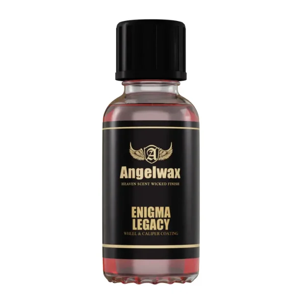 Angelwax Enigma Legacy Wheel & Caliper 30ml keramički premaz je tekućina koja dolazi u crnoj staklenoj bočici unutar bijele kartonske kutije i služi za zaštitu kotača i kočionih kliješta.