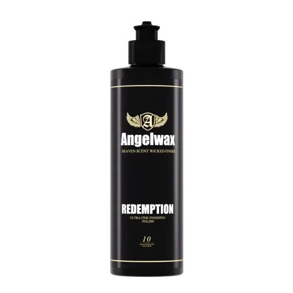 Angelwax Redemption Ultra Fine Polish pasta za poliranje je tekućina u crnoj plastičnoj boci s Angelwax logom koja služi za fino poliranje vozila.