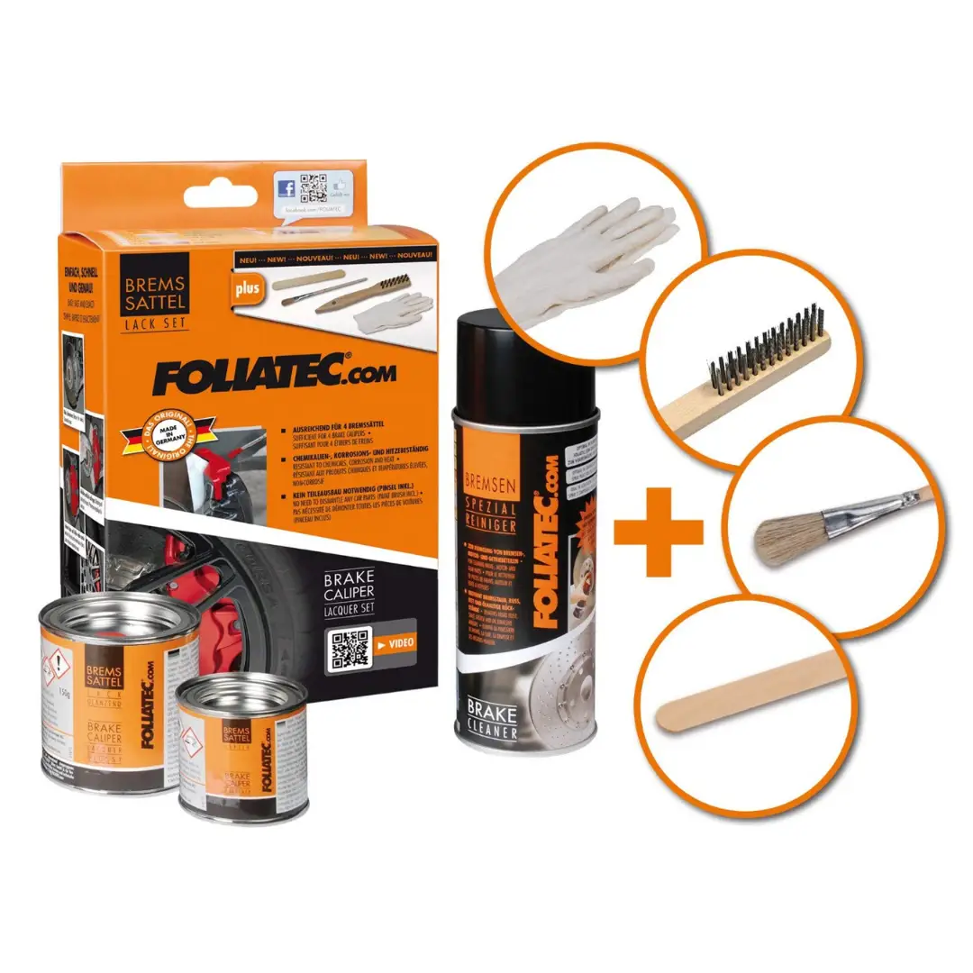 Foliatec Brake Caliper Lacquer Set boja za kočiona kliješta je set koji sadrži sve potrebno za obnovu i bojanje kočionih kliješta na vozilu i dolazi u narančastoj i crnoj kartonskoj ambalaži.