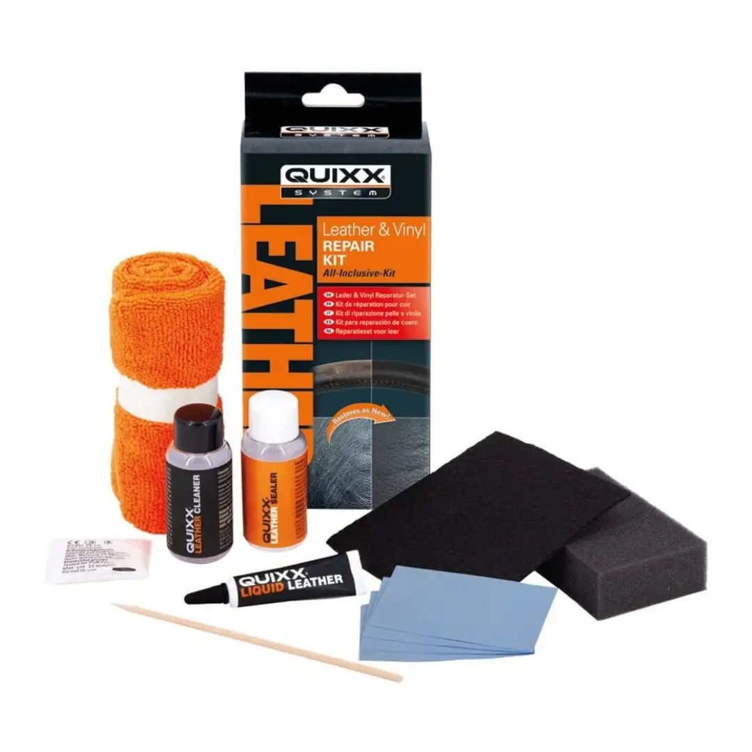 Quixx Leather & Vinyl Repair Kit set za popravak kože i vinila brzo uklanja neugledne ogrebotine i rupe na upravljačima i sjedalima od vinila ili kože. To osigurava više uživanja u Vašem vozilu i veću vrijednost pri preprodaji. S takvim oštećenjem interijera značajno pada i preprodajna vrijednost. Ponovno tapeciranje obruča upravljača ili popravak rupe na sjedalu vrlo je skupo.