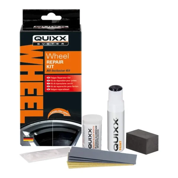 Quixx Wheel Repair Kit set za popravak naplataka s inovativnom tehnologijom QUIXX Liquid Aluminium omogućuje vam brzo uklanjanje oštećenja. Ogrebotine, pa čak i mali komadići slomljeni s ruba lako se popravljaju: rub se modelira u izvorni oblik, a zatim se tretirano područje oboji isporučenom olovkom za retuširanje.