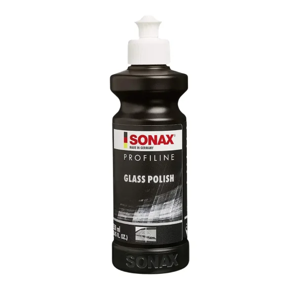 Sonax Glass Polish 250ml pasta za poliranje stakla je gusta tekućina u crnoj plastičnoj boci.