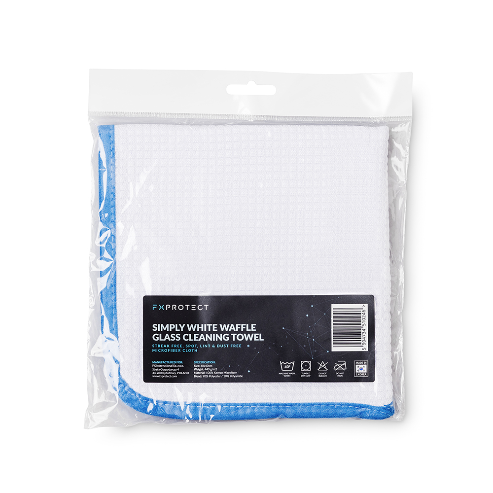 FX Protect Simply White Waffle Glass Cleaning Towel krpa za staklo je krpa od mikrofibre s vafel tkanjem velike težine. Inovativna tehnika tkanja omogućuje da mikrovlakna dobro klize po očišćenoj površini, ne ostavljaju tragove niti mikrovlakna na njoj, čineći rad ugodnijim i lakšim.