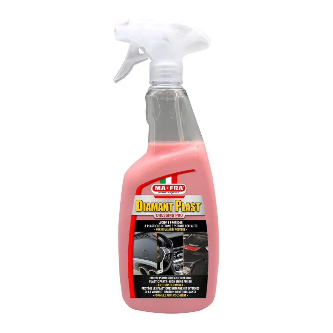 Mafra Diamant Plast Dressing Pro 750ml premaz za plastike je proizvod za obnavljanje, njegu i zaštitu automobilske plastike formuliran s mješavinom voska na bazi Carnauba i hidrofobnih polimera.  Brz je i jednostavan za korištenje. Njegova formula na bazi sintetičkih polimera s funkcijom samoniveliranja daje tretiranim površinama sjajan i ujednačen izgled koji traje tjednima.