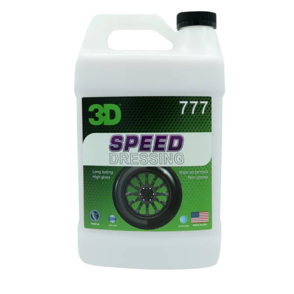 3D Speed Tire Shine 1 Gallon / 3.79L premaz za gume formuliran je na bazi vode specifično za davanje ultra visokog sjaja. Formulacija na bazi vode nudi dugotrajna svojstva većine premaza na bazi otapala i ulja – ali bez nereda. 3D razumije da ljudi voli kada njihove gume izgledaju kao da su mokre od sjaja. Ako se ovo odnosi na Vas, svidjet će Vam se 3D Speed Tire Shine 1 Gallon / 3.79L premaz za gume.