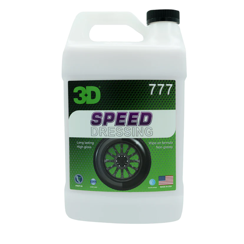 3D Speed Tire Shine 1 Gallon / 3.79L premaz za gume formuliran je na bazi vode specifično za davanje ultra visokog sjaja. Formulacija na bazi vode nudi dugotrajna svojstva većine premaza na bazi otapala i ulja – ali bez nereda. 3D razumije da ljudi voli kada njihove gume izgledaju kao da su mokre od sjaja. Ako se ovo odnosi na Vas, svidjet će Vam se 3D Speed Tire Shine 1 Gallon / 3.79L premaz za gume.