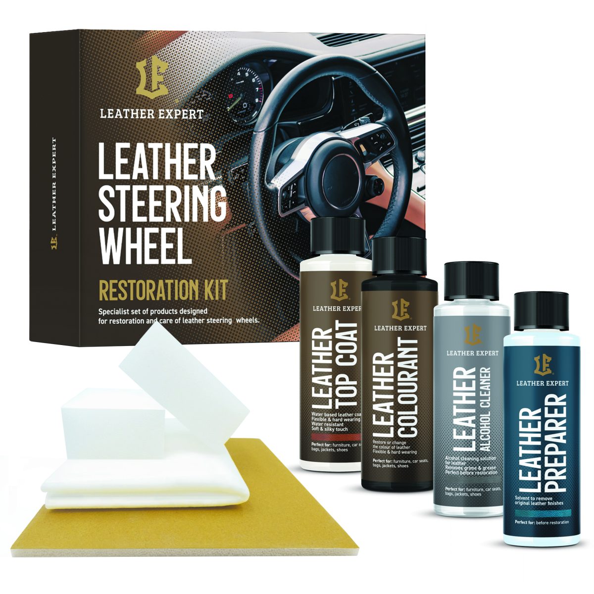 Leather Expert Steering Wheel Restoration Kit set za restauraciju volana je set profesionalnih i učinkovitih proizvoda namijenjenih obnovi crnih volana, sjedala i ostalih kožnih elemenata. Set je spreman za trenutnu upotrebu. Opremljen je najkvalitetnijim proizvodima i svim potrebnim alatima za obnovu volana.