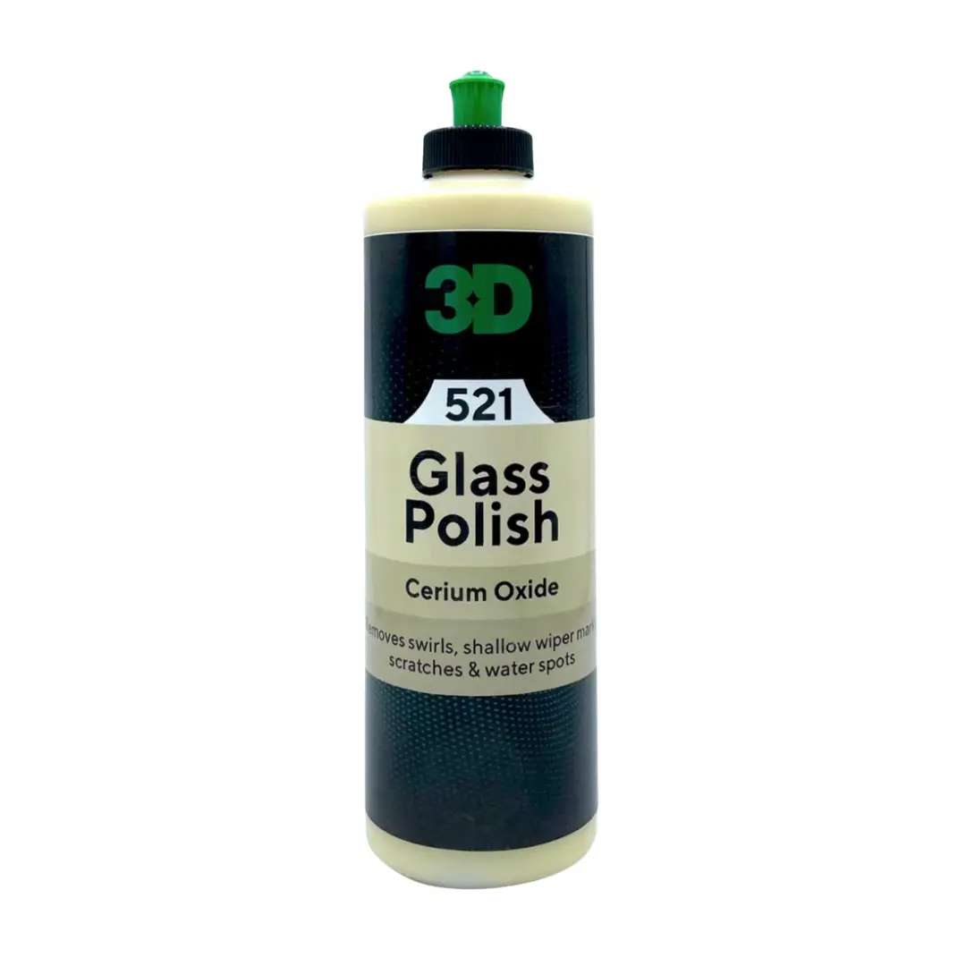 3D 521 Glass Polish 16 oz / 473ml pasta za poliranje stakla je pasta na bazi cerijevog oksida dizajnirana za uklanjanje swirlova, ogrebotina, tragova brisača i mrlja od vode sa staklenih površina automobila. 