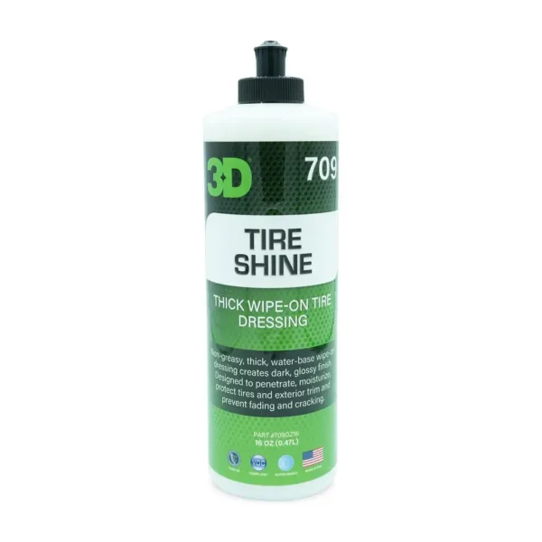 3D Tire Shine 16 oz / 473ml sjajni premaz za gume je gust, bogat gel na bazi vode koji osigurava vrlo čistu primjenu bez ikakvog kapanja ili mrlja s kojima se treba nositi naknadno. Pruža izvrsnu UV zaštitu od sunca.