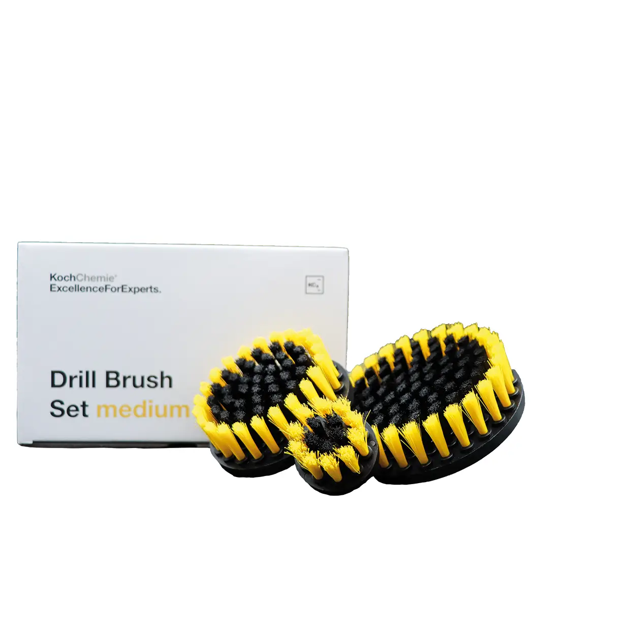 Koch Chemie Drill Brush Set Medium set mekanih četki za interijer sastoji se od tri različite četke za interijer u različitim veličinama. Žuti set četki je meke tvrdoće i idealan je za tekstil i neosjetljive plastične dijelove interijera.