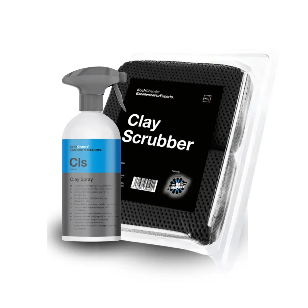 Koch Chemie Clay Spray & Scrubber Bundle set za gliniranje je idealni set za početnike! Sadrži Koch Chemie lubrikant za gliniranje te set od dva komada spužvi za gliniranje proizvedenih u suradnji sa The Rag Company.